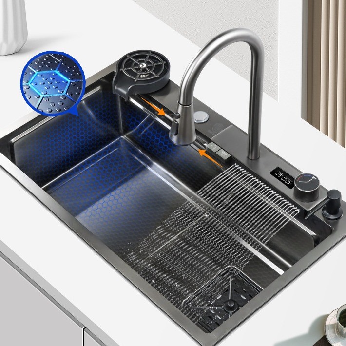 Waterfall Kitchen Sink Stainless Steel Sinks Big Single Bowl with Dish Rack Under Mount Sinks