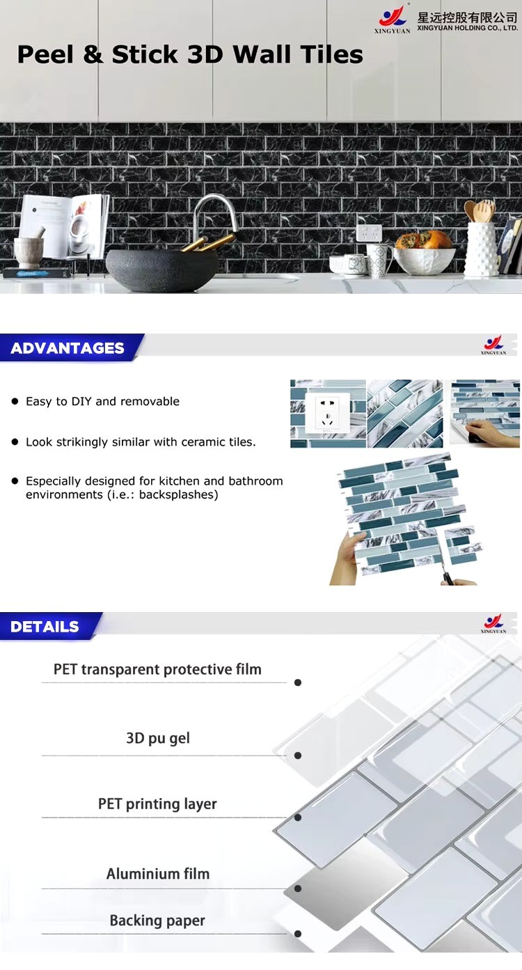 Adhesive 3d peel and stick kitchen backsplash mosaic wall tiles for wall and floor decoration