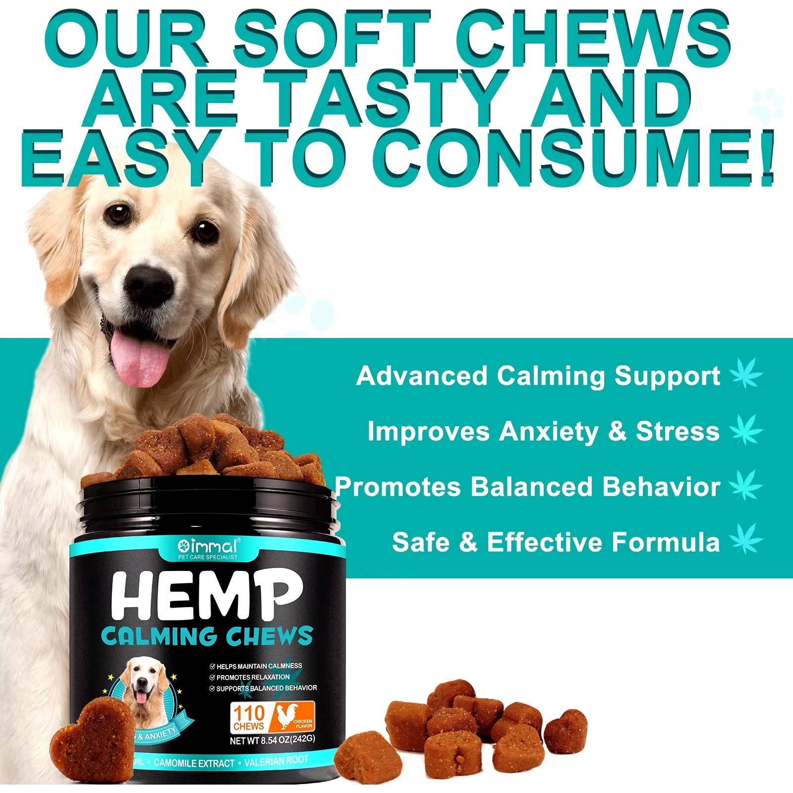 OIMMAI private label wholesale 110pc hemp oil calming soft chews chicken natural dog pet food snacks for dogs